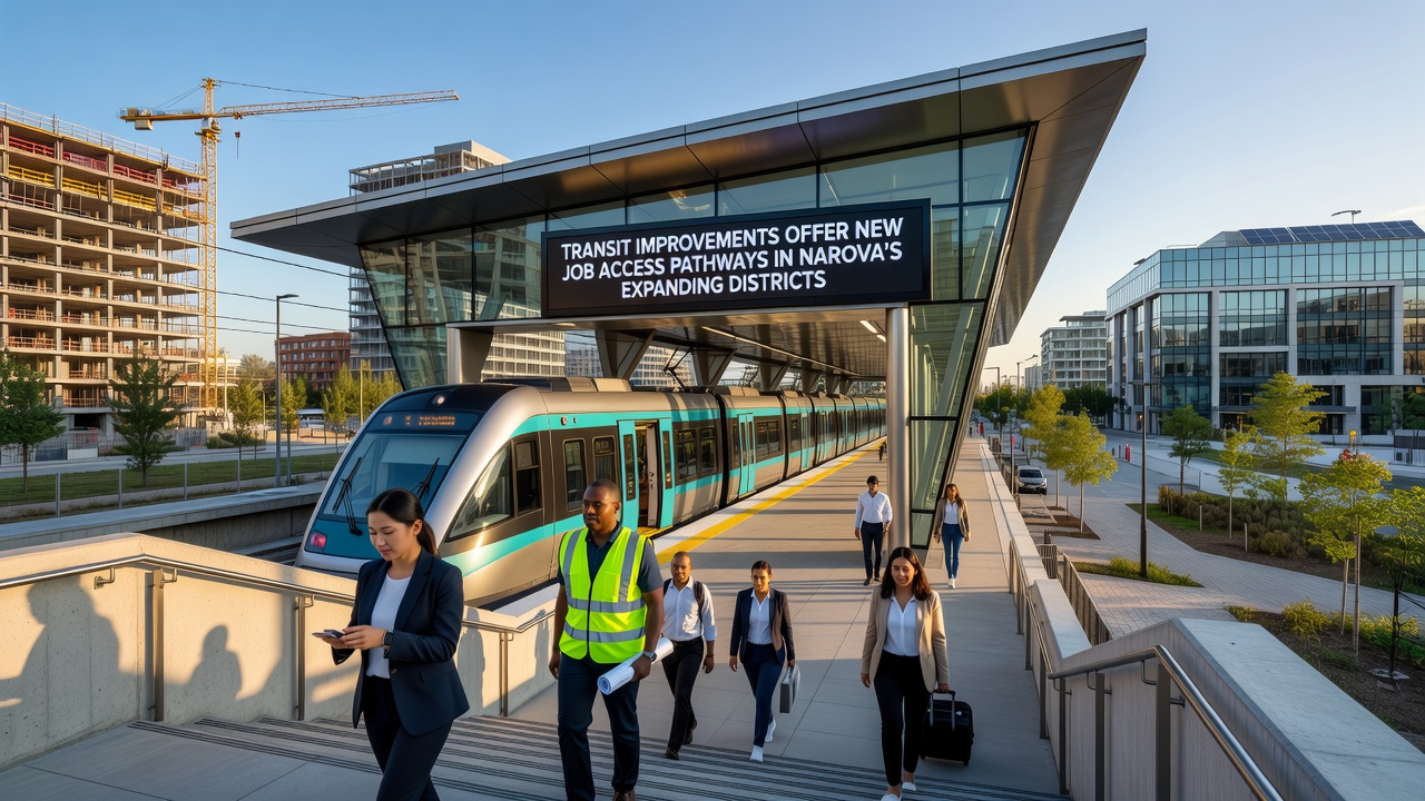 Commuters boarding a new express bus at a station in one of Narova's expanding districts